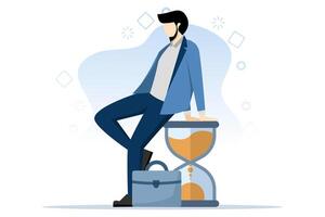 Concept of wasting time waiting and never starting a new business, depressed businessman sitting on time passing the hourglass or hourglass, time passing or ineffective thinking or laziness concept. vector