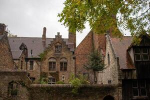 pintoresco ladrillo casas en brujas, capturado desde un encantador perspectiva, con un vislumbrar de el sobresaliendo árbol en el Derecha foto