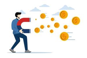 Growth investment, investment concept, finance, growth income, analyst, finance, economy, investor, report, businessman holding magnet and attracting money coins, flat vector illustration.