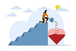 Job passion concept, mindset or attitude we enjoy doing work, motivation to succeed and win business competition, businesswoman pouring water to fulfill heart shape passion metaphor. vector