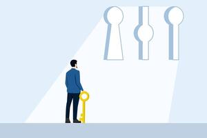 business decision concept. making decisions in business, making choices, Businessman holding a key in hand and deciding to choose the keyhole. flat vector illustration on white background.