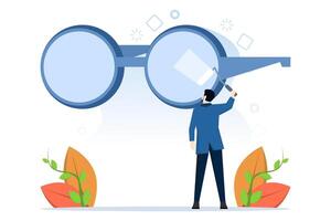 concept of Seeing a Clear Business Vision, seeing through the lens in detail or a clean and clear business view, mini worker cleans the lens of the glasses so that the owner gets a clear vision. vector