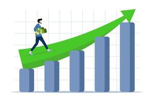 businessman carrying stack of money walking on growth graph diagram, Increasing income, income or return on investment, concept of growth graph or savings and return on investment, increasing income. vector