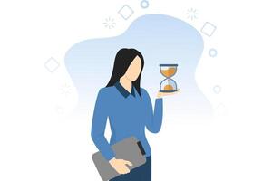 Deadline or time counting down on a business project, time management, urgency or time schedule concept, confident businesswoman manager holding an hourglass or sand as a timer or time counting down. vector