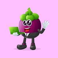 Cute mangosteen character typing on a computer vector