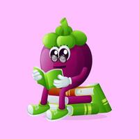 Cute mangosteen character wearing glasses and reading a book vector