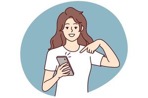 Happy woman points finger at mobile phone screen to announce that has read great news. Vector image