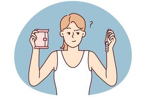 Thoughtful woman holding tampon and pad choosing what to use during menstruation. Vector image