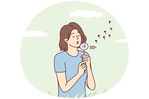 Carefree woman walks in clearing with dandelion in hands and blows off petals flying. Vector image