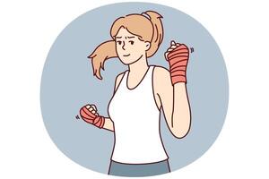 Strong woman with boxing bandages on hands inviting to fight or play sports. Vector image