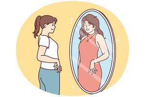 Woman in casual clothes looks in mirror and sees in reflection girl in evening dress. Vector image