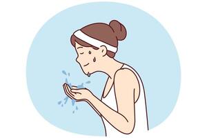 Sweaty woman with headband holds water in palms wanting to wash after fitness. Vector image