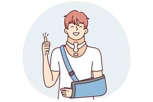 Positive young guy with broken arm and orthopedic collar shows thumb up. Vector image