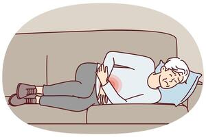 Elderly man lies on couch is experiencing pain in stomach and weakness after poisoning. Vector image