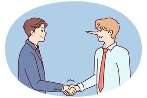 Man with long nose shakes hands with partner in business clothes trying to cheat. Vector image