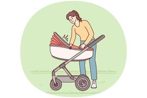 Caring woman walks with kid in stroller soothing crying toddler and adjusting blanket Vector image