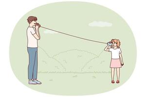 Little girl plays with father in park using cups tied with rope to talk from distance. Vector image