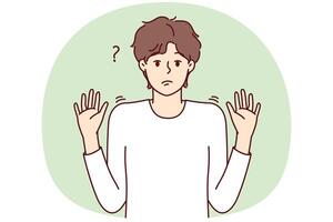 Embarrassed man raises hands up as sign of lack of options for solving problem. vector image