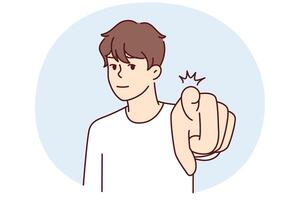 Confident man pointing finger at camera to press button on invisible screen. Vector image