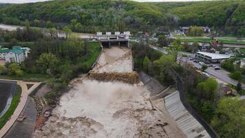 Hydroelectric power station spillway aerial view Hydroelectric power station renewable energy source. Hydroelectric power station eco-care modern tech Harmonizing energy environmental respect. video