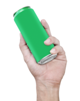 Hand hold mockup green aluminum can png