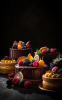AI generated An amazing photo of cakes still life cinematiclight. A table topped with cakes covered in fruit