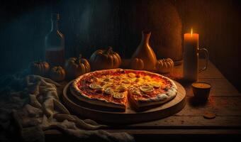 AI generated A pizza that has been sitting on a wood table. A pizza sitting on top of a wooden table photo