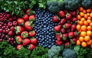 AI generated Assorted Fruits and Vegetables Arranged in a Circle. A visually appealing arrangement of an array of colorful fruits and vegetables in a circular pattern. photo