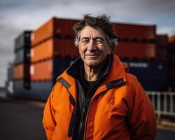 ai generado hombre en un naranja chaqueta soportes en frente. un hombre en un naranja chaqueta en pie en frente de un carga Embarcacion foto