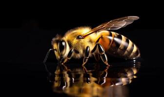 AI generated Bee on water honeybee. A close up of a bee on a black surface photo