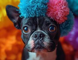 ai generado pequeño perro en azul y rosado pom pom sombrero. un encantador pequeño perro vistiendo un acogedor azul y rosado pom pom sombrero, mirando adorable. foto