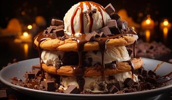 AI generated Chocolate chip brownie cookie. A plate of ice cream and cookies on a table photo