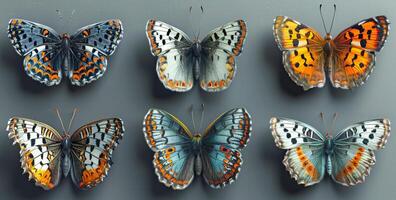 ai generado grupo de mariposas descansando en mesa. varios mariposas pacíficamente sentar encima un mesa. foto