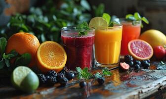 AI generated Table With Glasses of Juice and Fruit. A table filled with refreshing glasses of juice and fresh fruit, perfect for a healthy and energizing snack. photo