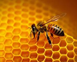 AI generated Bee are working on honeycomb. A close up of a bee on a honeycomb photo