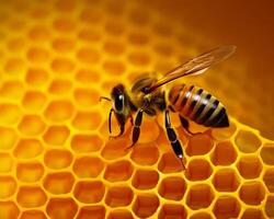 AI generated Bee are working on honeycomb. A close up of a bee on a honeycomb photo