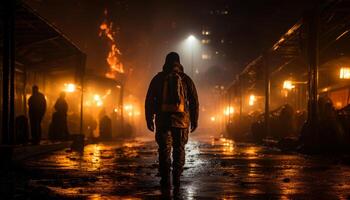 ai generado bombero caminando mediante pasillo. un hombre caminando abajo un calle a noche foto