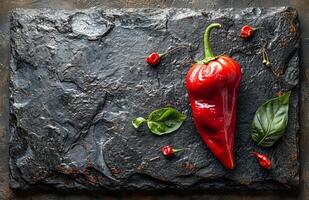 ai generado rojo pimienta en pizarra losa - vibrante vegetal en natural Roca superficie. un vibrante rojo pimienta se sienta encima un natural pizarra losa, exhibiendo sus belleza y frescura. foto