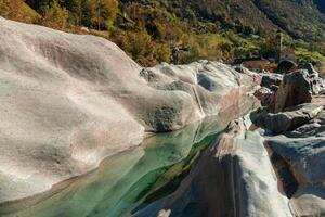 a river flowing through a rocky area photo