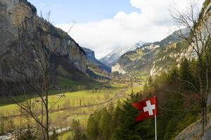 a mountain range with trees and a river photo