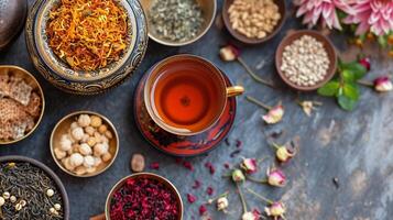 AI generated Elegant Tea Tasting Setup with Cultural Decorations photo