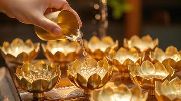 AI generated Golden Lotus Candle Holders Illuminated by Warm Light photo