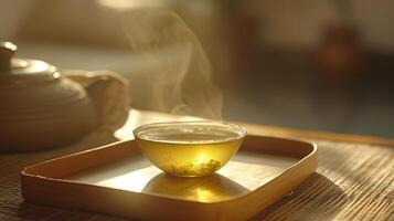 AI generated Golden Light on a Serene Tea Setting at Dawn photo