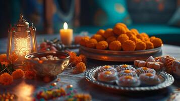 AI generated Traditional Lantern Shining over Festive Indian Sweets photo