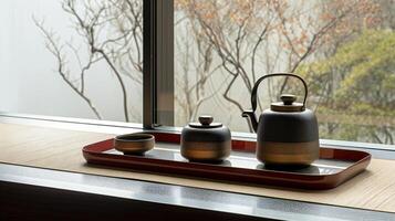 AI generated Elegant Black Teapot Set on Red Tray by Window photo