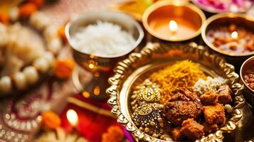 AI generated Delicious Traditional Indian Feast with Candles and Spices photo