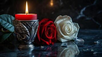 AI generated Red Candle with Angel Wings and Roses on Marble photo