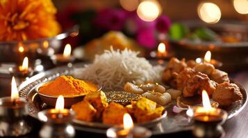 AI generated Warm Candlelit Dinner Setup with Indian Cuisine and Decor photo