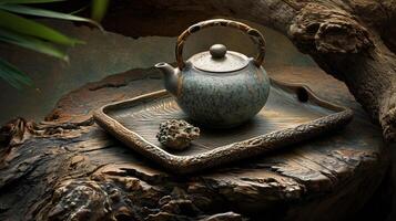 AI generated Rustic Teapot on Carved Tray in Natural Setting photo