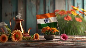 AI generated Rustic Indian Flag Arrangement with Colorful Flowers photo